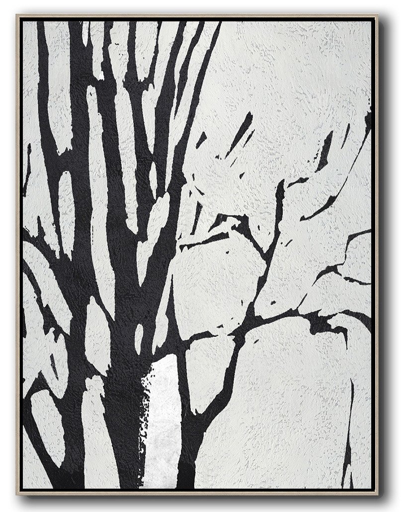 Hand-Painted Black And White Minimalist Painting On Canvas - Contemporary Art Online Cafe Room Huge